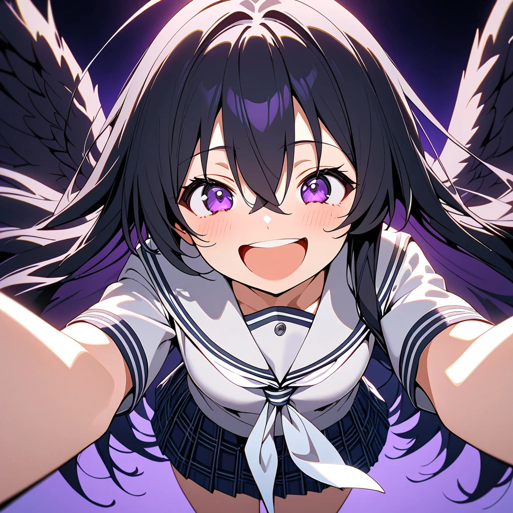  top quality,  Great Quality ,  high image quality,  Absurd,  1 girl , alone,  black hair,  purple eyes,  hair between eyes ,  long hair,   white sailor color ,   plaid pattern skirt ,  school uniform, Seraph,    white neckerchief   , Laughing laughing expression smiling looking happy so much fun