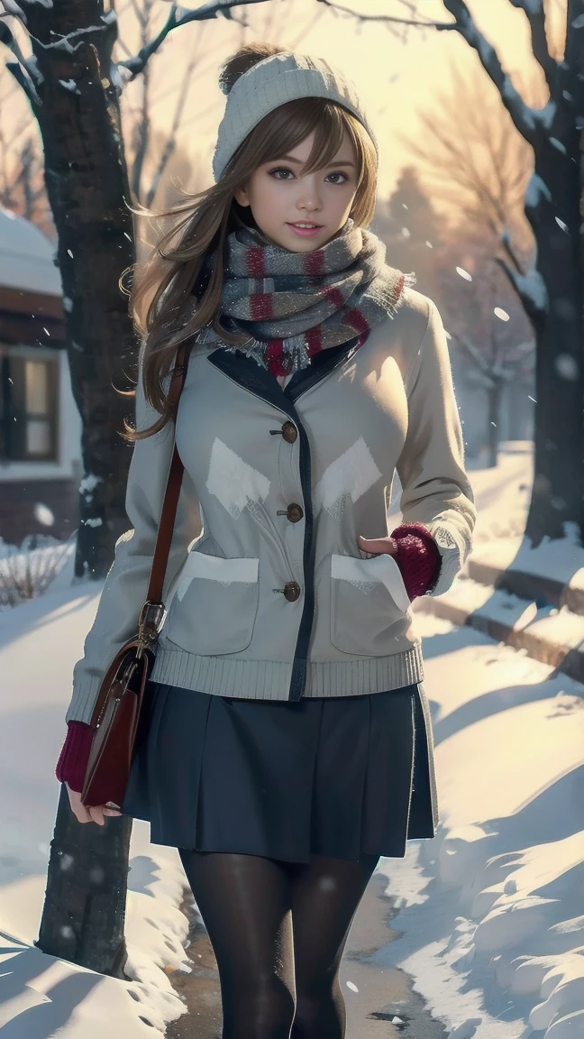 Winters, snow scene, Beautiful ******* girl, lace up pantyhose, random color, long sweater, mini skirt, scarf, depth of field, real light, Ray tracing, Overclocked renderer, UE5 renderer, super real, best quality, 8k, masterpiece, Super fine, detailed eyes, correct anatomy, huge breasts, 