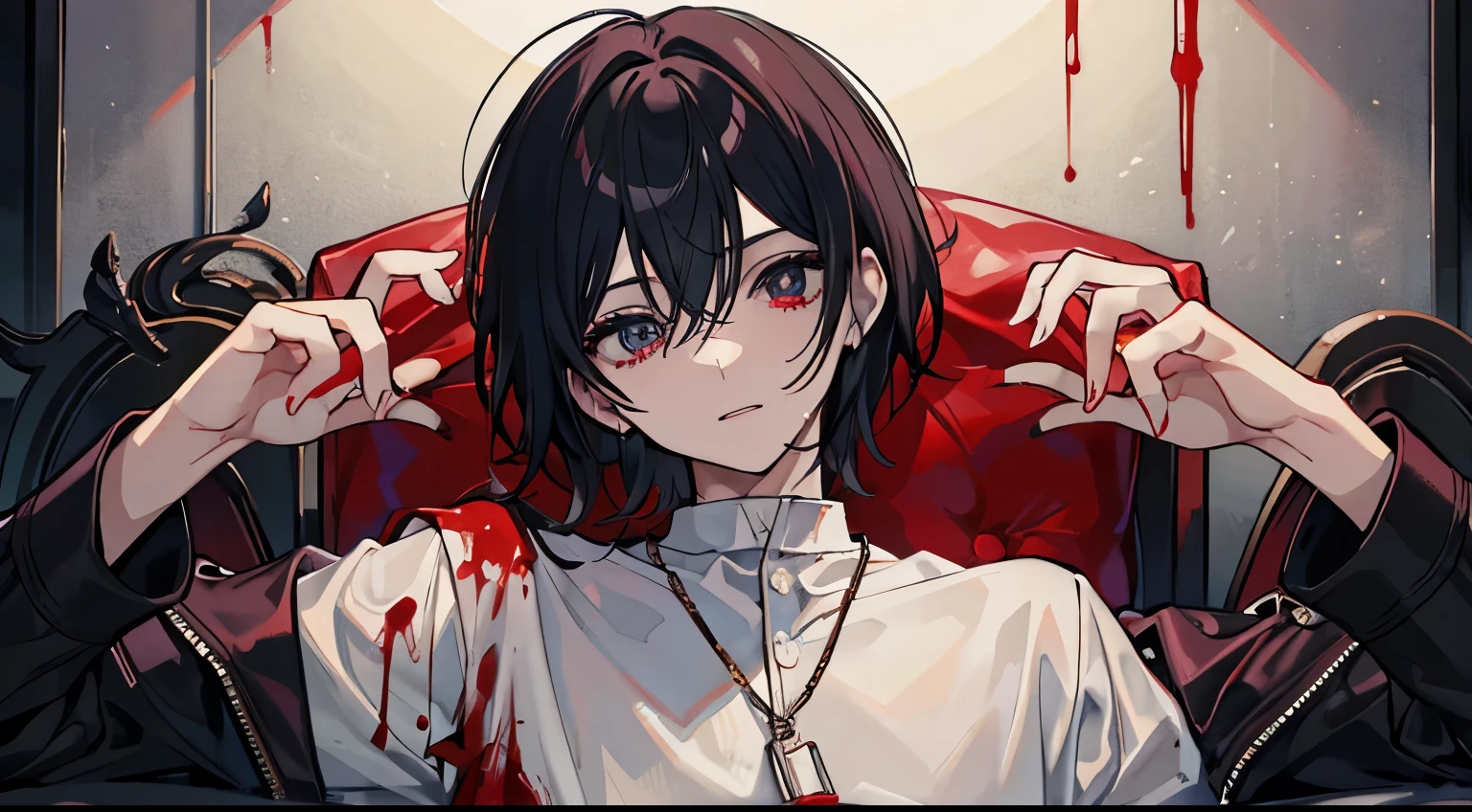 1boy, black hair, short shaggy hair, hair between eyes, earrings, jewelry, long sleeves, male focus, looking at viewer, solo, red eyes, smug, facing viewer, saliva drip, tongue, off shoulder, black sweater, sleeves past wrists, house interior, from below , (blood on face:1.1), blood, blood on clothes, <lora:hotarueye_hosome1_v100:0.5>, <lora:mazav1C:0.7>