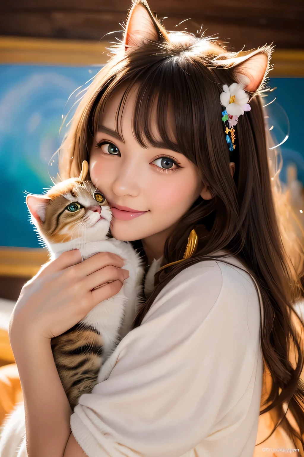 masterpiece, 1 beautiful girls, detaileds, top-quality, 超A high resolution, (Realistis: 1.4), OriginalPhotographs, 电影灯光, A smile, Asian Beauty, very extremely beautiful, Slightly younger face, Beautiful skins, slender, (A hyper-realistic), (hight resolution), (8K), (ighly detailed), (The best illustrations), (beautifully detailed eyes), (ultra-detailliert), (wall-paper), (详细的脸), fine detailed, A detailed face、pureerosfaceace_v1、46-point diagonal bangs、(beautidful eyes:1.5)(Photorealsitic:1.5)、Raw foto、1girl in、deep-shadows、With a sweet look、(Okappa:1.5) Super Detail, Textured skin, tre anatomically correct、masutepiece、(in night:1.5),(natta:1.6)、(Changing clothes in front of the fireplace in the room:1.5)、(White and pink fluffy loungewear:1.5)、(In the whole body diagram:1.5),(Kiss a cat:1.5)、A smile、,The sun is falling and it is dark、