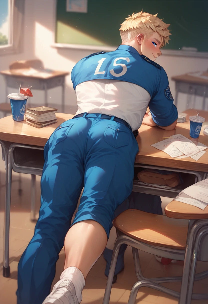 Blond-haired and blue-eyed cute twink boy in uniform lying on the school table showing his ass