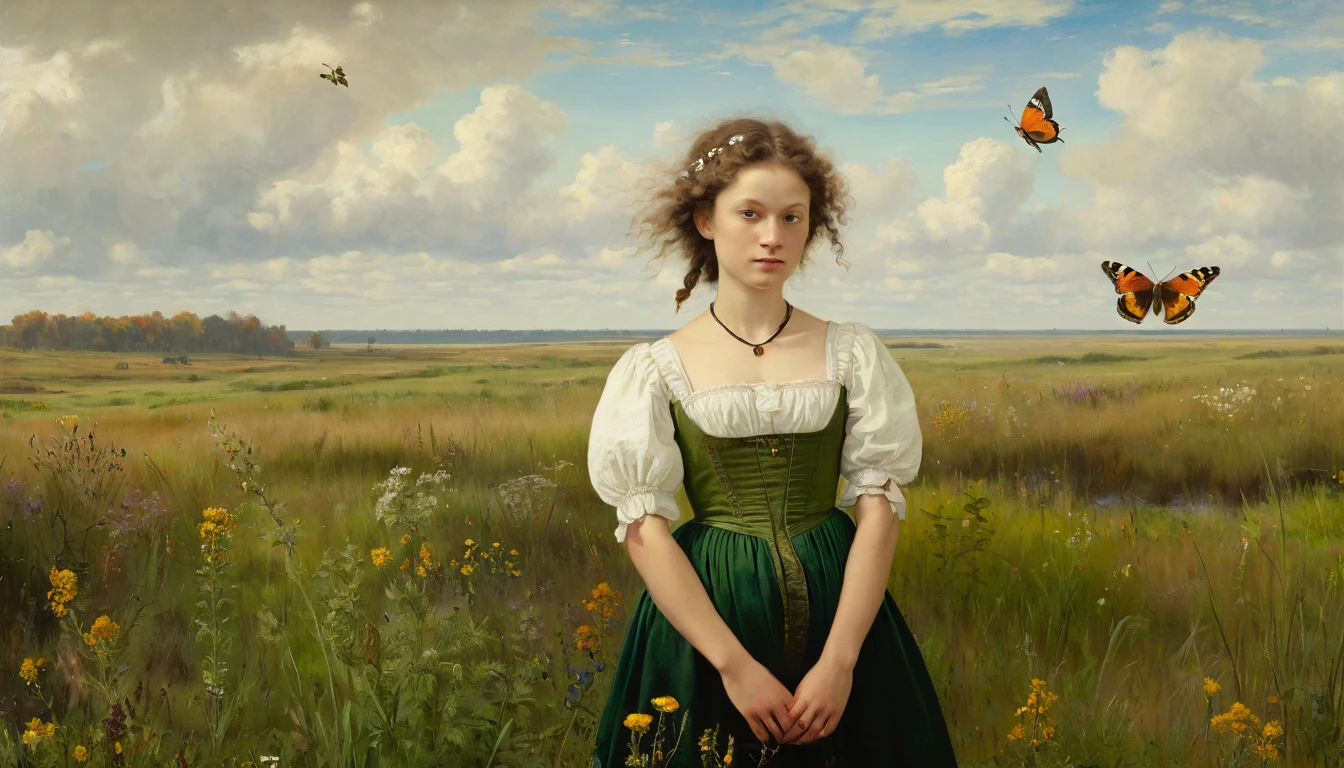 upper body, }.18 yo ,rembrandt. landscape,prairie, green lands, grass, wild flowers, autumn, fire butterflies, linda ronstand