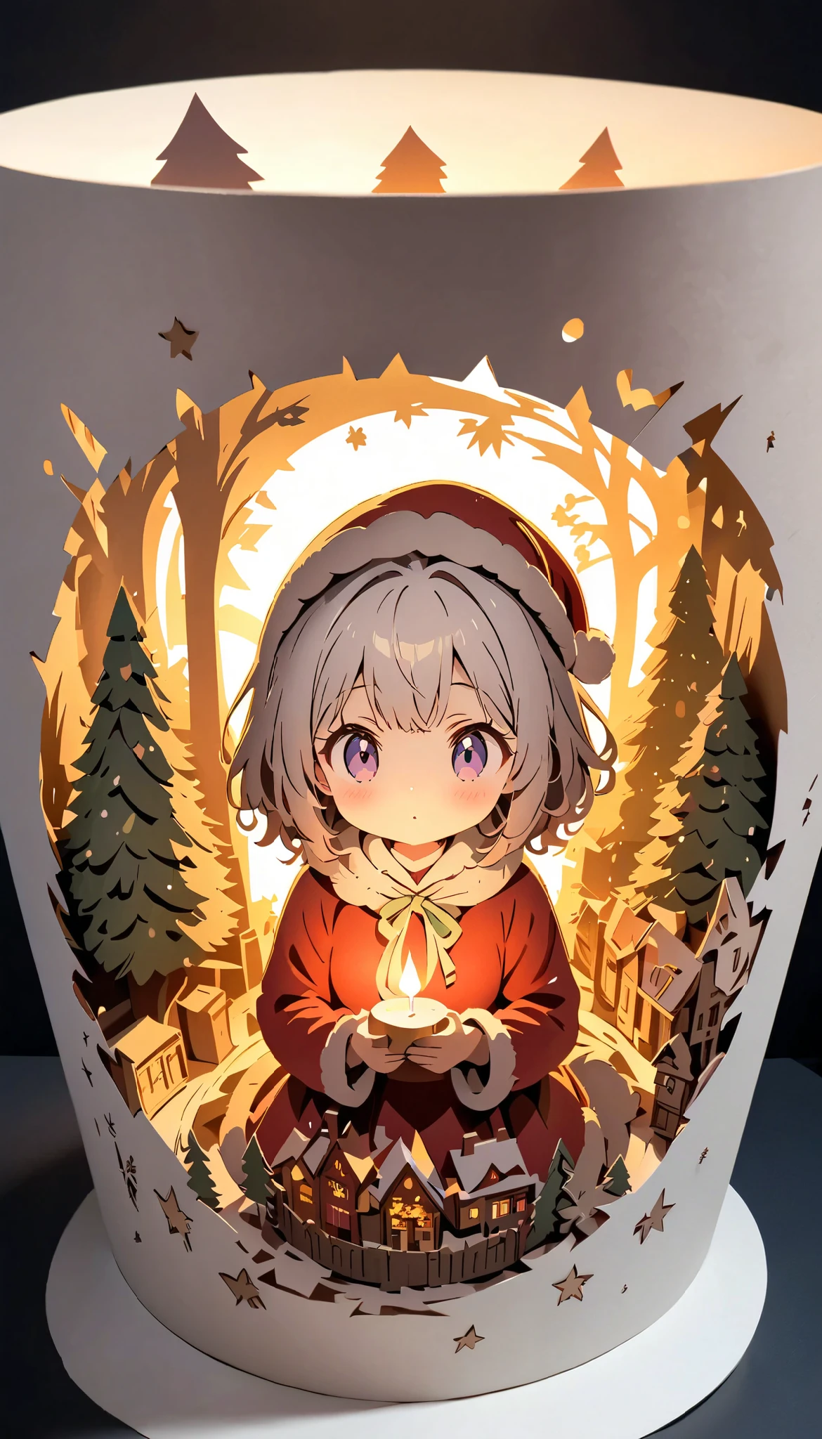 (masterpiece:1.2), ( top quality:1.2),  super high resolution,  very detailed,  perfect lighting , Werewolf girl holding a candle , Grey Hair,  Santa Claus costume, プレゼントが乗ったそりとcuteトナカイ,  Christmas tree, cute,  pastel colors,  Paper Cut Art , flat paper cutouts , Paper Art,  digital art ,  anime style illustration  , anime illustration,  illuminated background, Blur, Paper cutting,  Christmas bright and pleasant macro photo 