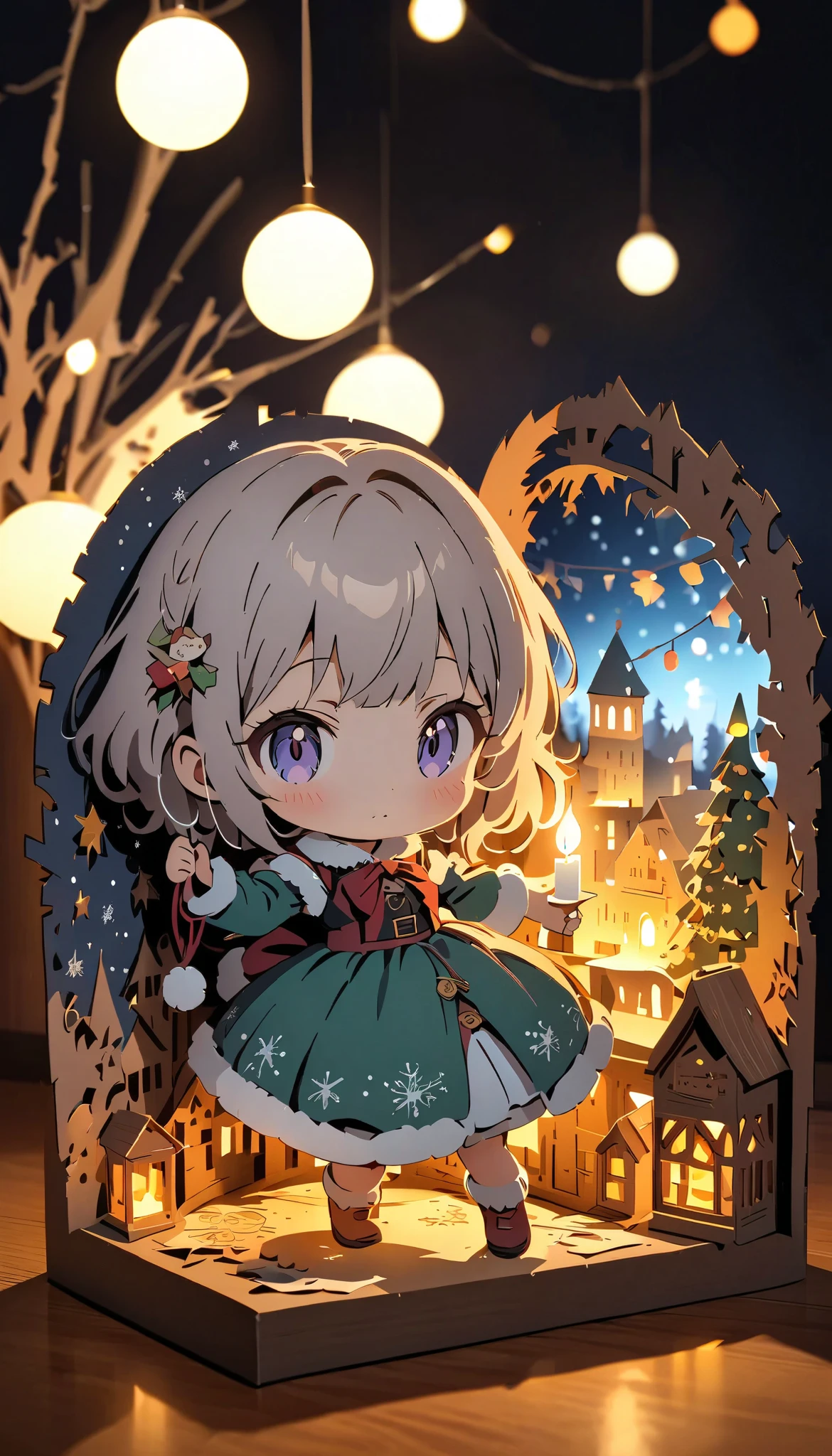 (masterpiece:1.2), ( top quality:1.2),  super high resolution,  very detailed,  perfect lighting , Werewolf girl holding a candle , Grey Hair,  Santa Claus costume, プレゼントが乗ったそりとcuteトナカイ,  Christmas tree, cute,  pastel colors,  Paper Cut Art , flat paper cutouts , Paper Art,  digital art ,  anime style illustration  , anime illustration,  illuminated background, Blur, Paper cutting,  Christmas bright and pleasant macro photo 