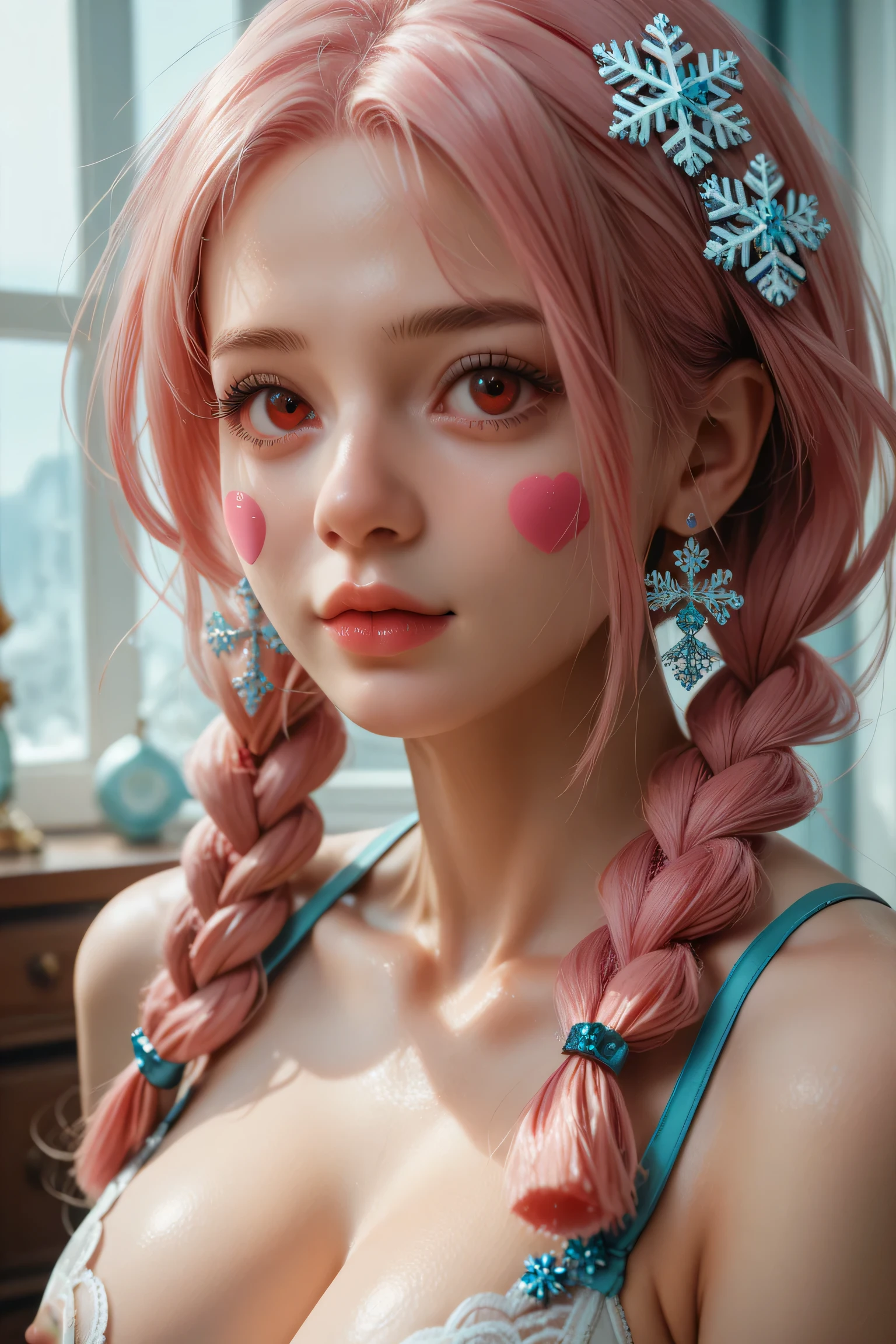  ultra detailed ,2d, realistic face,masterpiece,  best quality , highres, aaaqua, collections,  pierce hair, (hot pink hair,  hair braids),(intense red eyes)( very big breasts ),self-adhesive stickers for nipples lingerie in the shape of a snowflake..