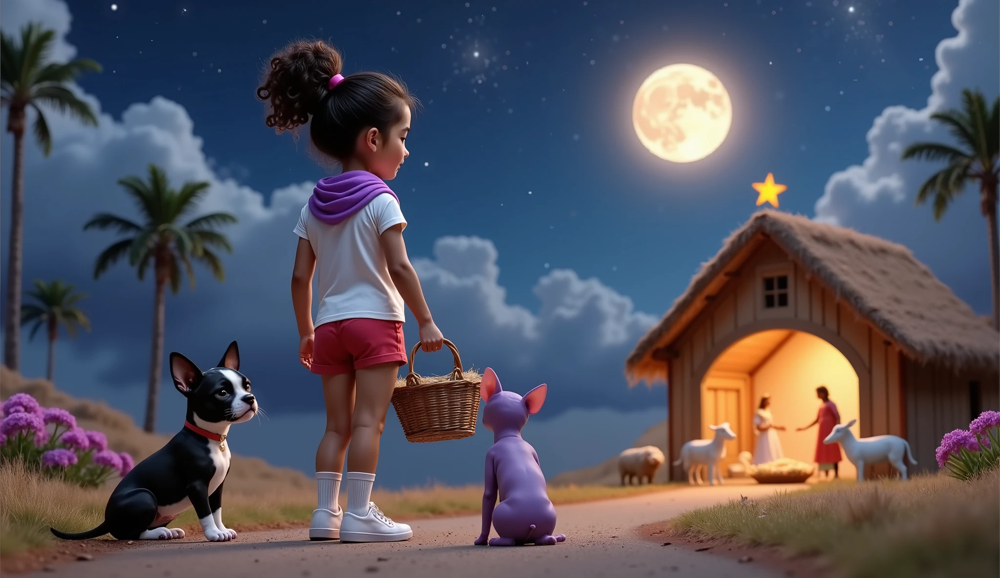 Inspired by the characters in the films on the Disney Pixar posters in high quality and high resolution 3D create the image taken from the back the12 yo, 12 aanos, 12y, age:12 girl with basket in her hands with a bun at her side her dog a French bulldog puppy black and white with predominance black and on the other side her hairless purple cat sfinks she is facing a straw barn where there is a light illuminating a nativity scene where apparently there is a baby Jesus Mary Joseph a sheep a cow and a donkey on a beautiful night with a guiding star illuminating and the full moon illuminating everything the girl wears a white t-shirt, white shorts, a lilac scarf protecting her neck, very short red shorts, white knee-high socks and white sneakers