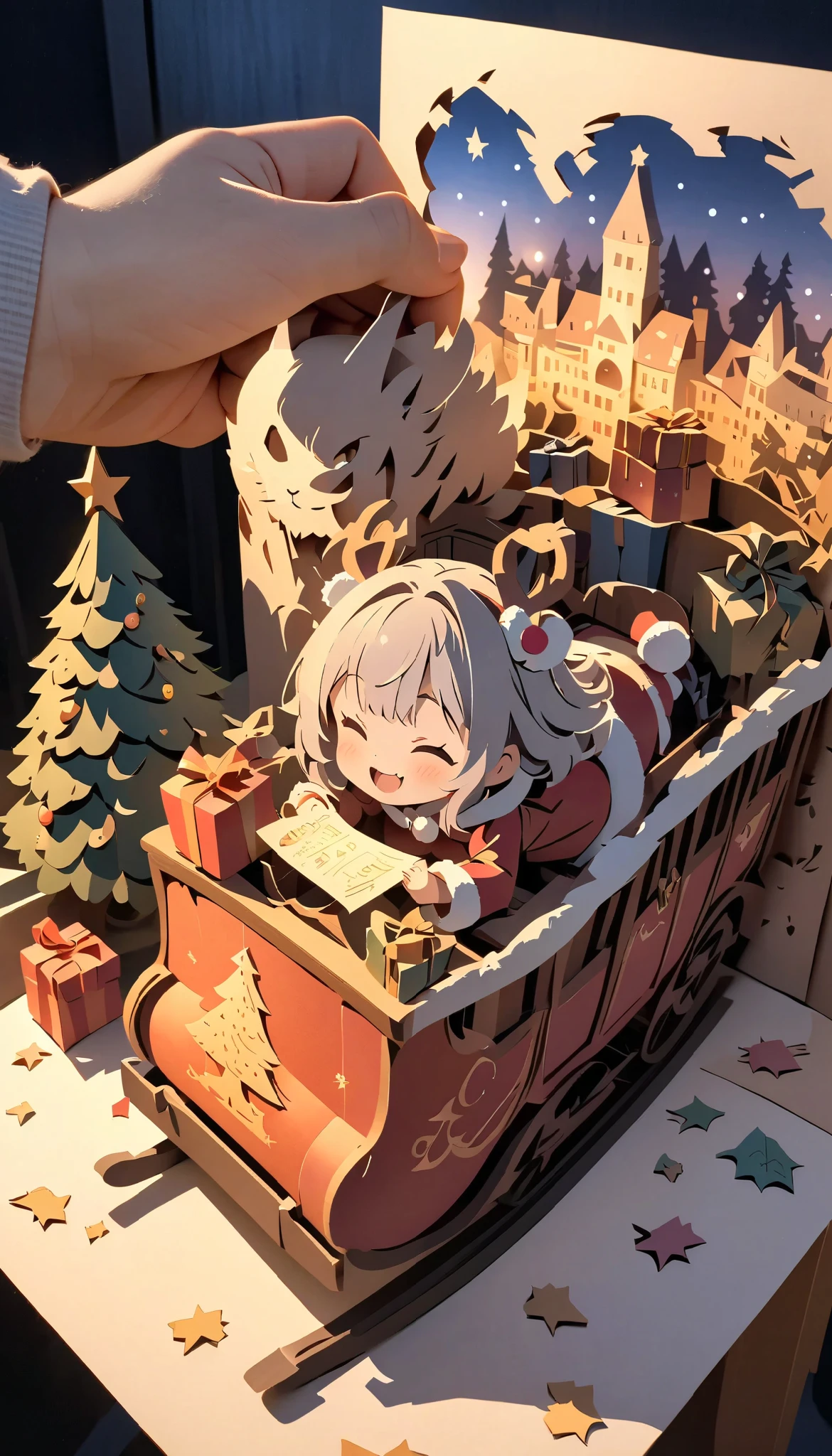 (masterpiece:1.2), ( top quality:1.2),  super high resolution,  very detailed,  perfect lighting , A werewolf girl riding a sleigh with lots of presents, Grey Hair,  Santa Claus costume, smile, Wink,  Christmas tree, cute,  pastel colors,  Paper Cut Art , flat paper cutouts , Paper Art,  digital art ,  anime style illustration  , anime illustration,  illuminated background, Paper cutting,  Christmas bright and pleasant macro photo 