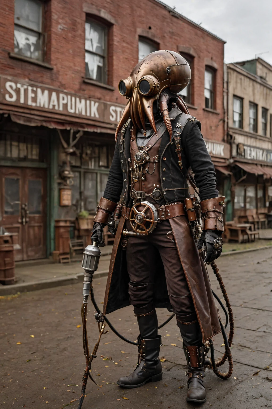 three people in gas masks and gas masks holding guns, illithid, wearing steampunk top hat, still image from the movie, concept creature character art, sailpunk, zoidberg, shot on anamorphic lenses, nekro iii, post - apokalyptic, iron maiden, dark streets --auto --s2