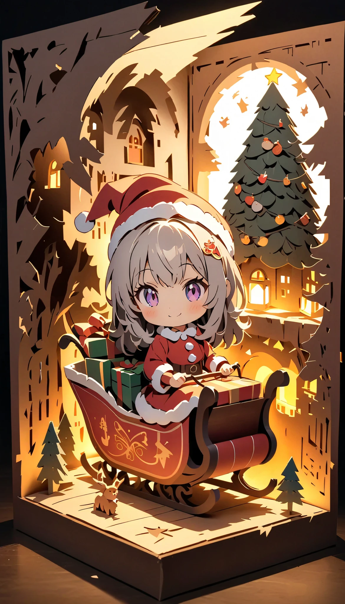 (masterpiece:1.2), ( top quality:1.2),  super high resolution,  very detailed,  perfect lighting , A werewolf girl riding a sleigh with lots of presents, Grey Hair,  Santa Claus costume, smile,  eyes symbol ,  Christmas tree, cute,  pastel colors,  Paper Cut Art , flat paper cutouts , Paper Art,  digital art ,  anime style illustration  , anime illustration,  illuminated background, Paper cutting,  Christmas bright and pleasant macro photo 