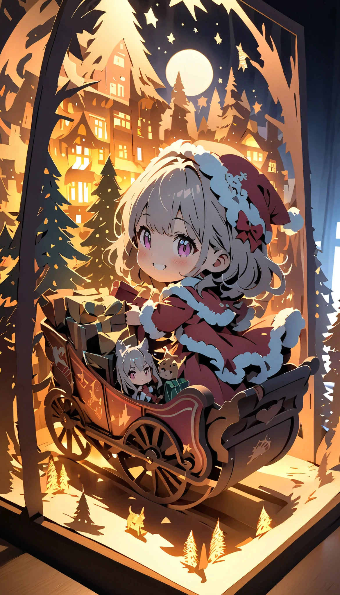 (masterpiece:1.2), ( top quality:1.2),  super high resolution,  very detailed,  perfect lighting , A werewolf girl riding a sleigh with lots of presents, Grey Hair,  Santa Claus costume, smile,  eyes symbol ,  Christmas tree, cute,  pastel colors,  Paper Cut Art , flat paper cutouts , Paper Art,  digital art ,  anime style illustration  , anime illustration,  illuminated background, Paper cutting,  Christmas bright and pleasant macro photo 