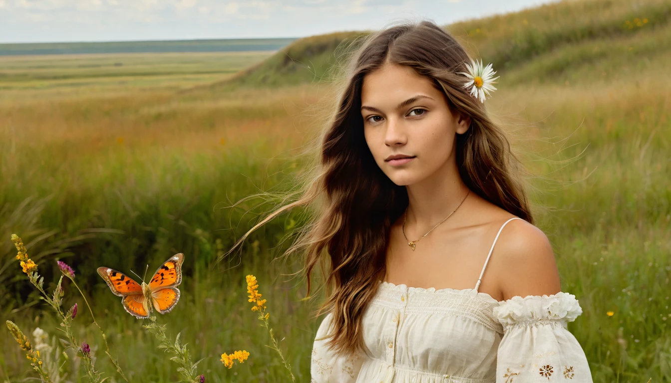 Vanessa Hanson, upper body, }.18 yo ,rembrandt. landscape,prairie, green lands, grass, wild flowers, autumn, fire butterflies,