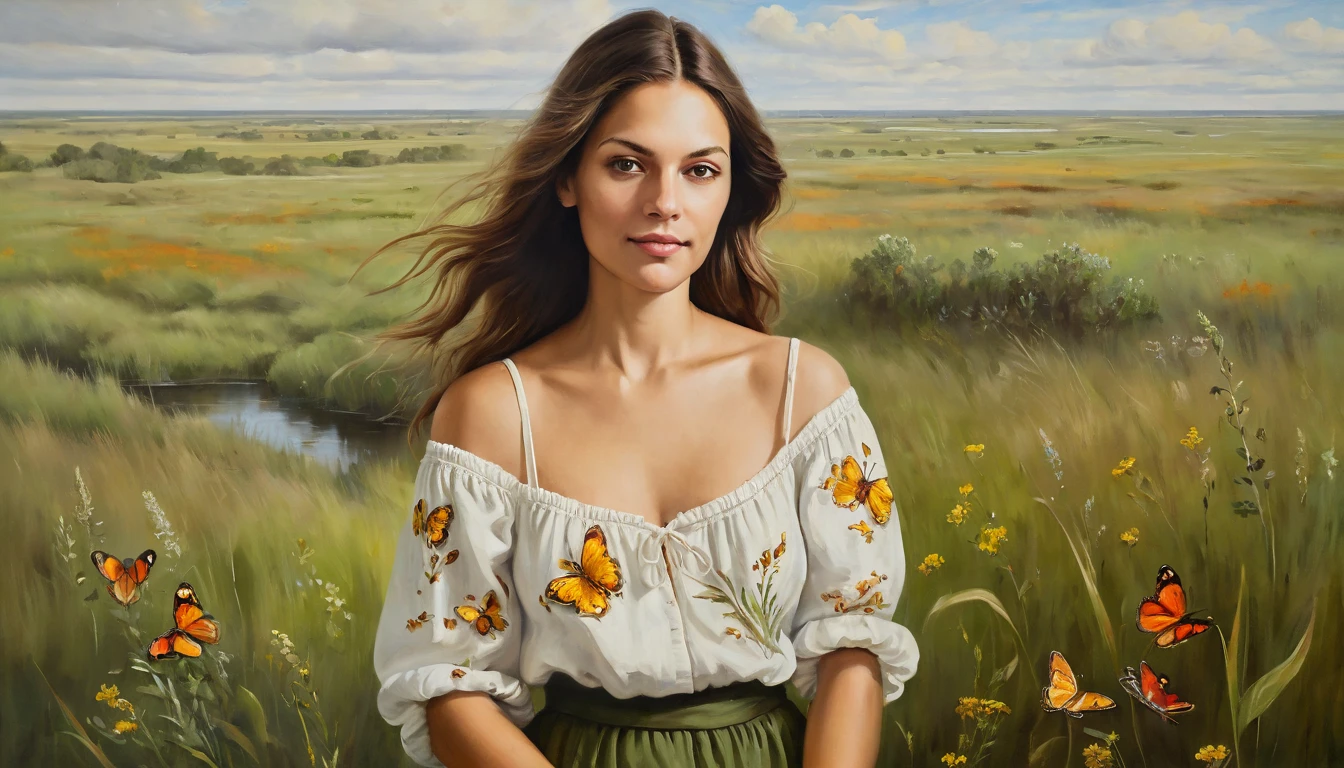 Vanessa Hanson, upper body, 28 year old, rembrandt, oil painting . landscape,prairie, green lands, grass, wild flowers, autumn, fire butterflies,