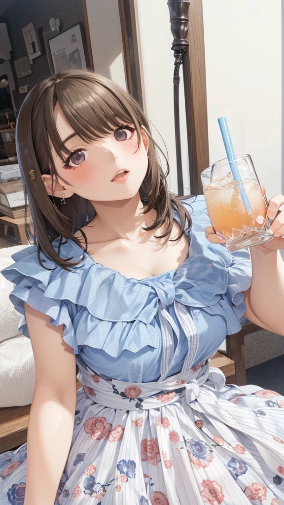 araffe asian woman in a blue dress holding a drink,, ❤🔥🍄🌪, handsome girl, frill, deayami kojima, shiori teshirogi, reluvy5213, lovely woman, shikamimi