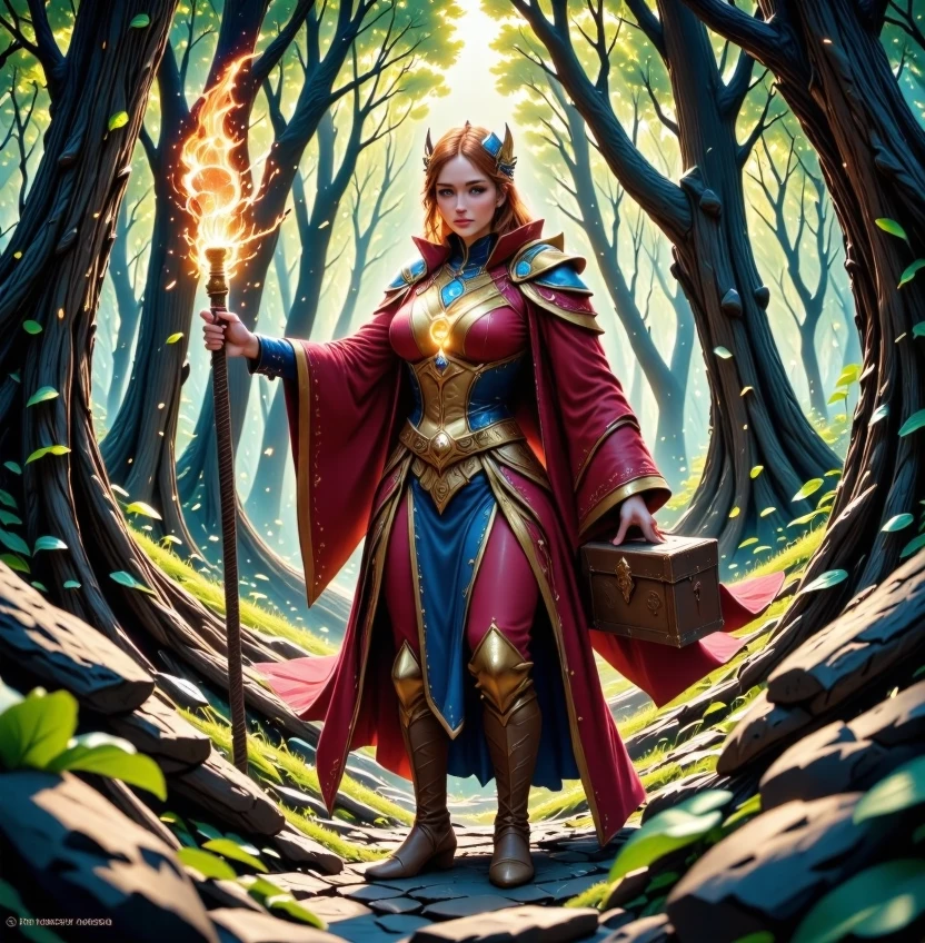 1 male ,Short ginger Hair, long facial hair,wizard, scroll case, fire staff, outside, in the woods, full body shot Accurate, High Details, Best Quality, 