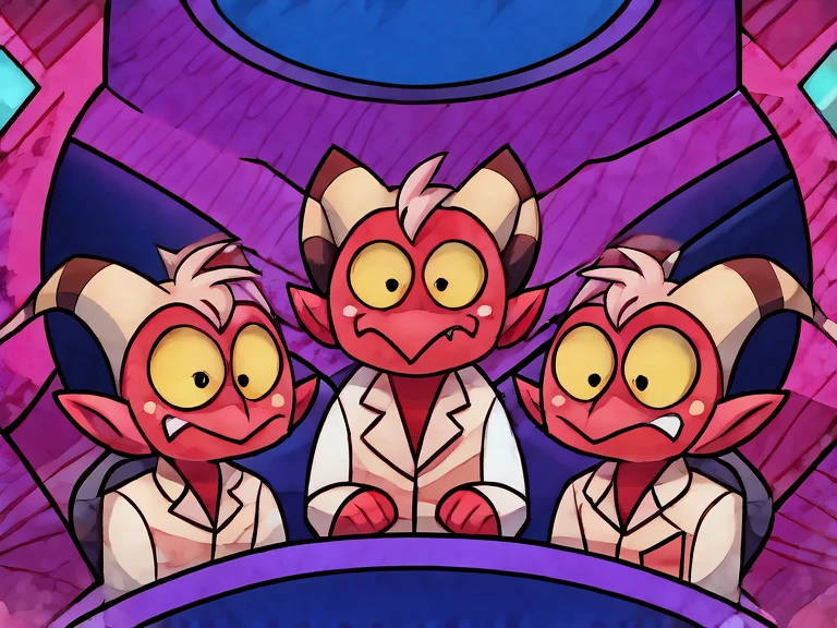 (masterpiece, best quality:1.2), Group of Imp´s, confused face, wearing scientist clothes, stading, looking up in confusion, futuristic purple laboratory background