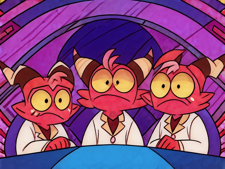 (masterpiece, best quality:1.2), Group of Imp´s, confused face, wearing scientist clothes, stading, looking up in confusion, futuristic purple laboratory background