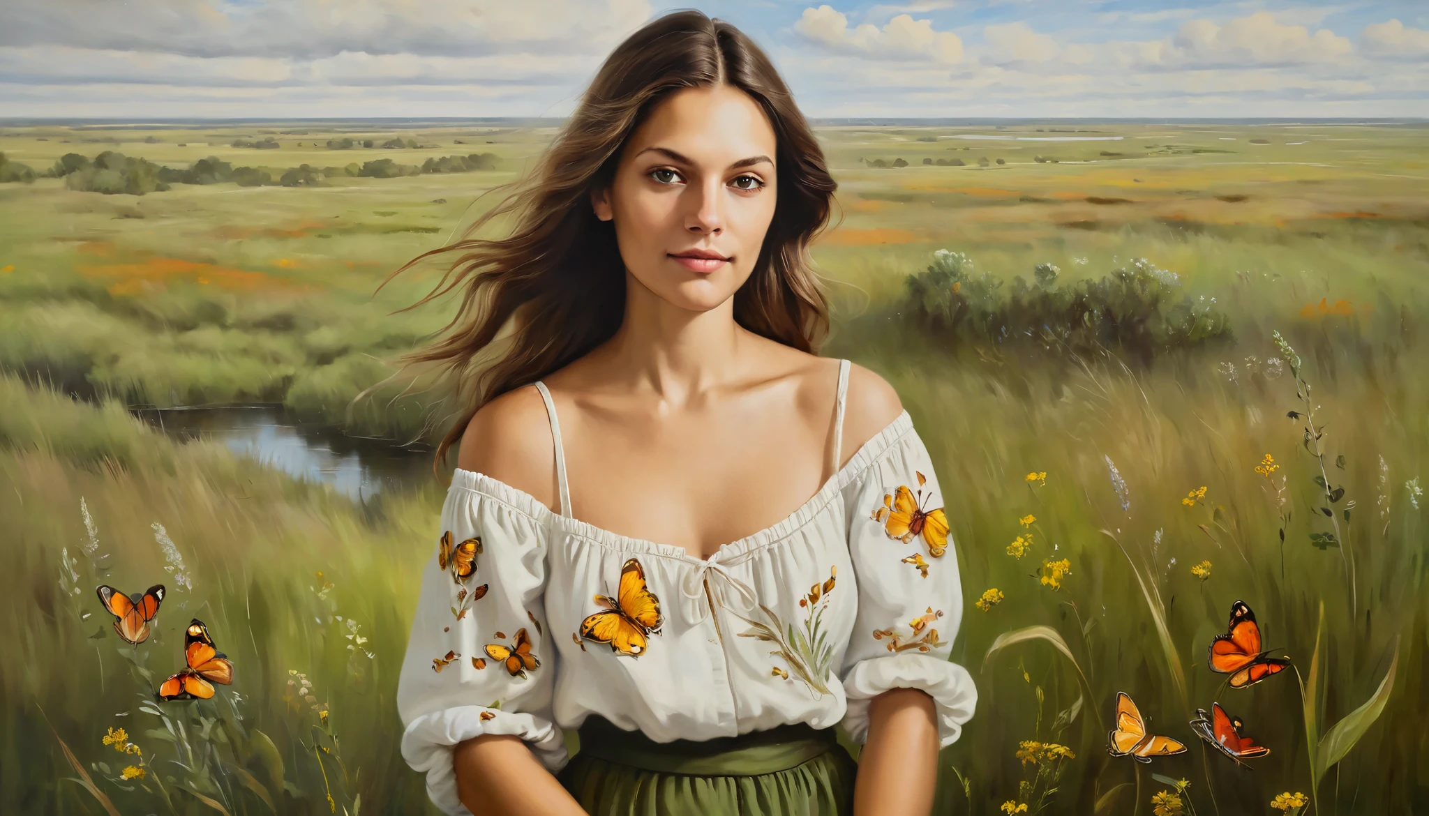 Vanessa Hanson, upper body, 28 year old, rembrandt, oil painting . landscape,prairie, green lands, grass, wild flowers, autumn, fire butterflies,