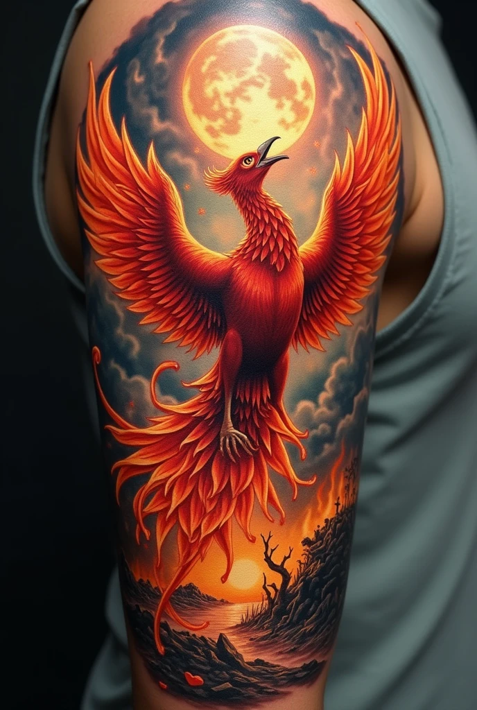 a highly detailed back tattoo of a phoenix, intricate wing details, vibrant red and orange feathers, realistic shading and texturing, dark shadows, dynamic poses, hyper-realistic, photorealistic, 8k, best quality, masterpiece