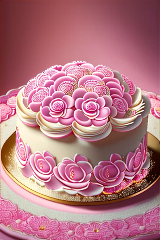 masterpiece、  top quality,  very detailed、8k、  high definition ,  scene、Food,Birthday cake( illustration of a beautiful pink rose flower drawn with strawberry jam on a cake)、Professional photographer's movie-like lighting 