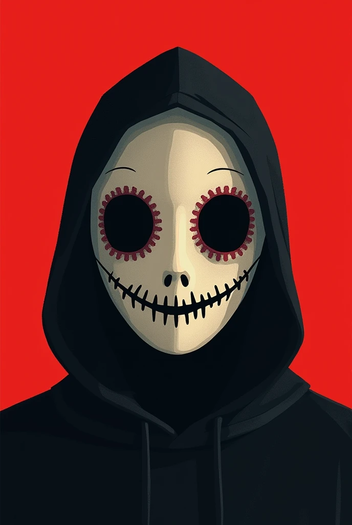 pixel art style, totally black background, red hooded trench coat, deep red trench coat, blood red, faceless, pentagram pendant, holding a skull in hands, front view, flat background