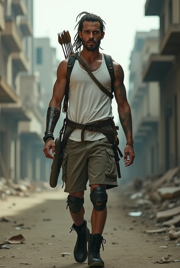 An 18 year old man, muscular, with two axes, with orange fire glasses a wound on his cheek so you can see his mouth,in the middle of a forest, with a serious expression, a brown bag, and with bandages on his hands
