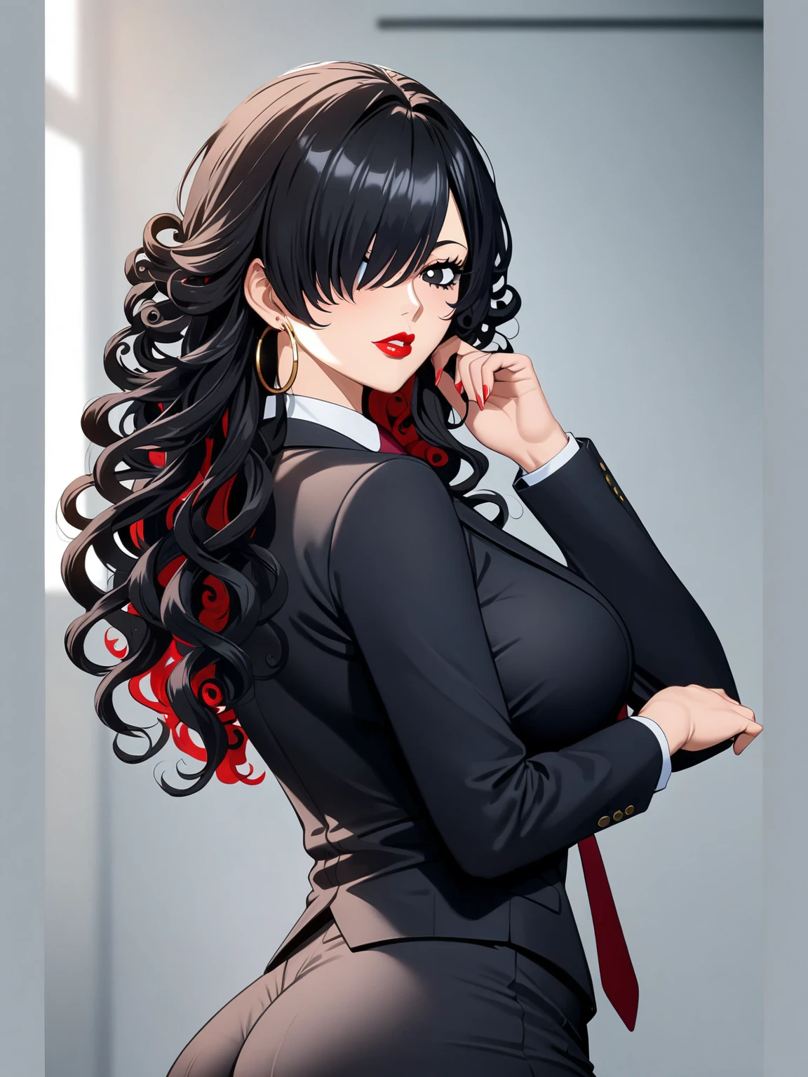 (character portrait), (((one piece))), business pants suit, (black office suits), red necktie, a beautiful woman, very tall woman with great style, female mafia-boss, perfect big breasts, perfect big breasts, plump ass, slender body, (((1girl))), (((solo))), long curly hair, black hair, black pupils, hair over one eye, perfect hands, perfect face, perfect eyes, perfect body, perfect legs, red lips, beautiful legs, (white plain background), hair over one eye, black hair, hoop earrings, ,suit, pants, necktie, onepiecestyle,black eyes, black hair, hoop earrings