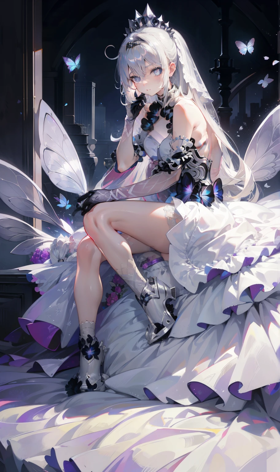 Silver Hair,Butterfly, long gray hair , white wedding dress, 8k wallpaper, detailed background, Maximum resolution ,Deep V, Cover the hair of one eye ,Strapless wedding dress,Chis,White Rose,Tight, Full Body Photo
