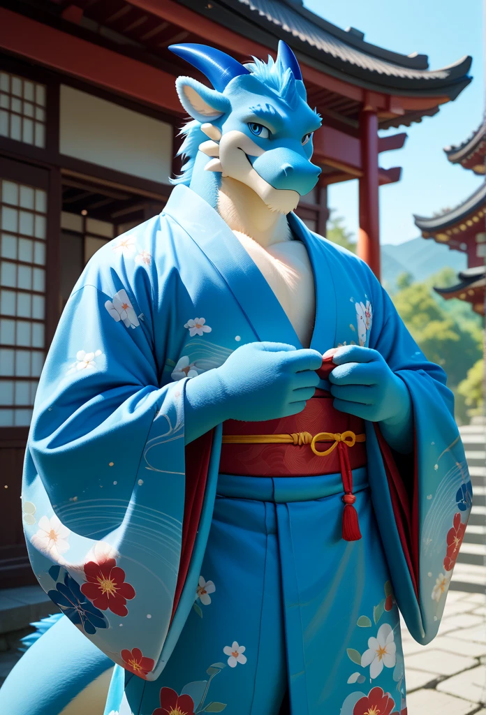 A western dragon male fursuit a 23 year old adult alone outdoors standing  blue eyes wearing kimono looking at the viewer with a smile