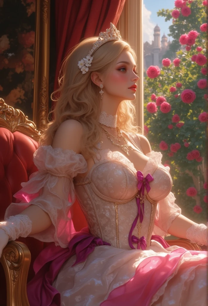 (( Plateau Peace  )),  Marie Antoinette  ,  Super detailed face ,fine grain,   open your mouth slightly,( blonde alone ),  long hair,  wave hair, (((sheer silk dress:1.3))),Rococo Ruffle Dress, ((( Sexy Dress :1.3))),  dress for lying on a wooden boat has a long skirt ,  Baroque Dress  ,   intricate fantasy dress  , Beautiful ruffle dress ,   romantic dress,   Frill Costume  ,lottery, Data Style,  formal wear , Fancy Fashion, palate colors include   pink and white,(  pink:1.5),Class A Smile,Gold Tiara,   Necklaces  , sit in a luxurious chair,Hands on knees,(  rainbow light  :1.4),,  the side face of a person looking out of the window  ,  a rosebush is reflected in the window   ,(Inside Victoria Palace)、Her eyes are shining、 now her blonde alone's hair extends to her waist 、Rose-colored gradation and three, 薄い  pinkのロック. 彼女は花柄の装飾が施されたGold Tiaraを着用し、  Matching earrings    , white flower choker. 彼女は金色のボタンで縁取られたフリル付きの白いストライプの  pinkのトップを着ている, The white sleeves are in the shape of a bud  ..   with a magenta ribbon flowing out of her chest  ..、 At the back of her neck  、Matching chest piece, Decorated with flowers.  her frilly skirt is separated by a white line ,  Fastened with a large magenta ribbon 、Decorated with gold,   There is a small ribbon on the back  . Her mini skirt、薄い  pinkのマゼンタの貝殻状の裏地と白い花のペチコートでできている. 彼女は  pinkの花がついた白い手袋も着用している, 白と薄い  pinkの靴には、ゆるいカフとDecorated with flowersたマゼンタのリボンがある