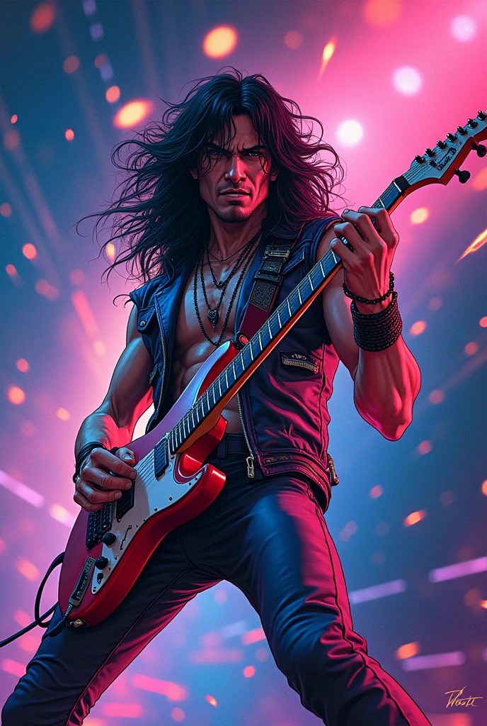 Handsome tall man with 6'2 height, 75 kg weight lean muscular body, rockstar guy , sharp blue eyes, big eye lashes; sharp jawline and chin and seductive looks, long and straight black hairs; in blue jeans; perfect guitar player on stage