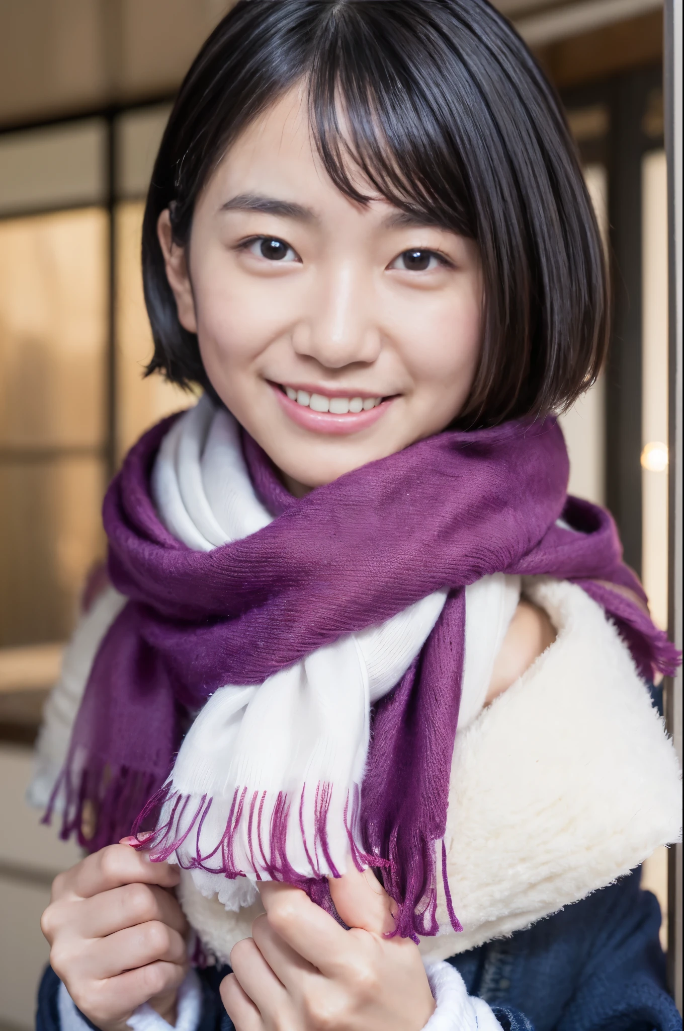 ((Only the upper body is shown 、 face close-up 、Focus on the eyes、 no makeup、 the ears are sticking out of a gap in the hair,,,,,,,))、( realistic 、 Photorealistic、 ultra-detailed、Best detailed skin、 top quality、​masterpiece、 Ultra A High Resolution)、 Smiling 、(Beautiful  Japanese girl)、 One girl 、Has bangs、 Big Black Eyes 、 Japanese face 、 laughs、Charming、purity、 cute smile、 Please see here 、 realistic な肌のタイプ、 short hair、(( hair is inside a scarf:1.3))、Lighting from behind、Autumn、autumn leaves