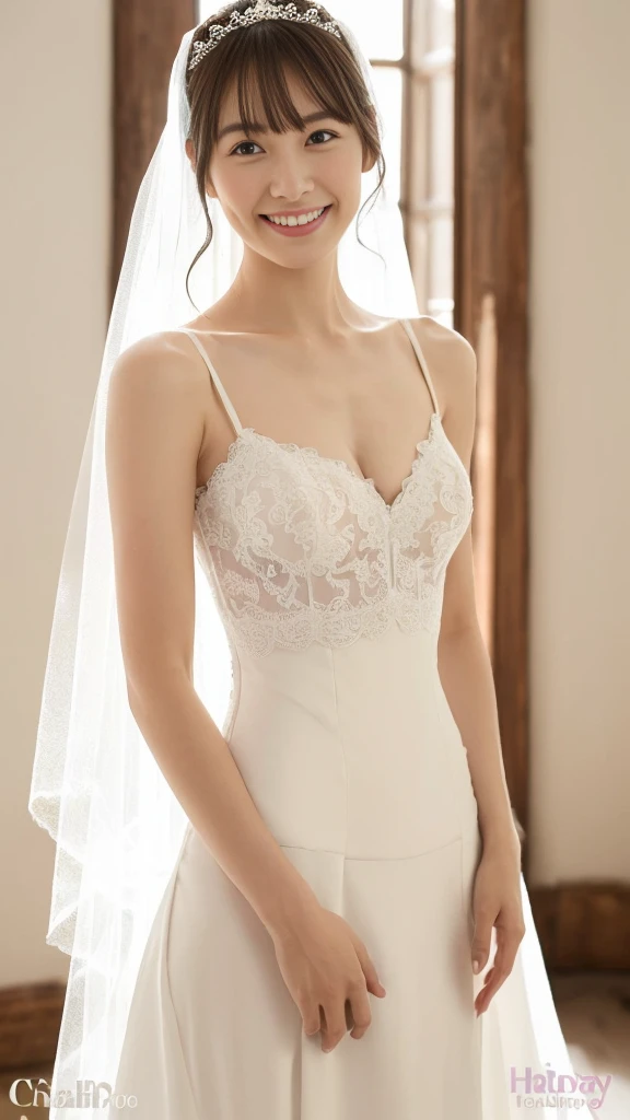 Turbulent posture, (very delicate and beautiful work), (masterpiece), 1girl, girl in sexy lace wedding dress with small flowers on her head, church front veil, lace, high definition, ridiculous, charming expression, smile, beautiful clear eyes, green eyes, delicate necklace, delicate earrings, waist shot, upshot view, (full body: 1.35), background blur, ultra-fine depiction, beautiful, attractive, ultra-fine painting, delicate face, delicate figure, thin collarbone, nice lips, beauty big, soft back, mix4, (8k, RAW photos, top quality), masterpiece: 1.2), (realistic, photorealistic: 1.37), one girl, cute, professional lighting, photon mapping, radiosity, physically based rendering