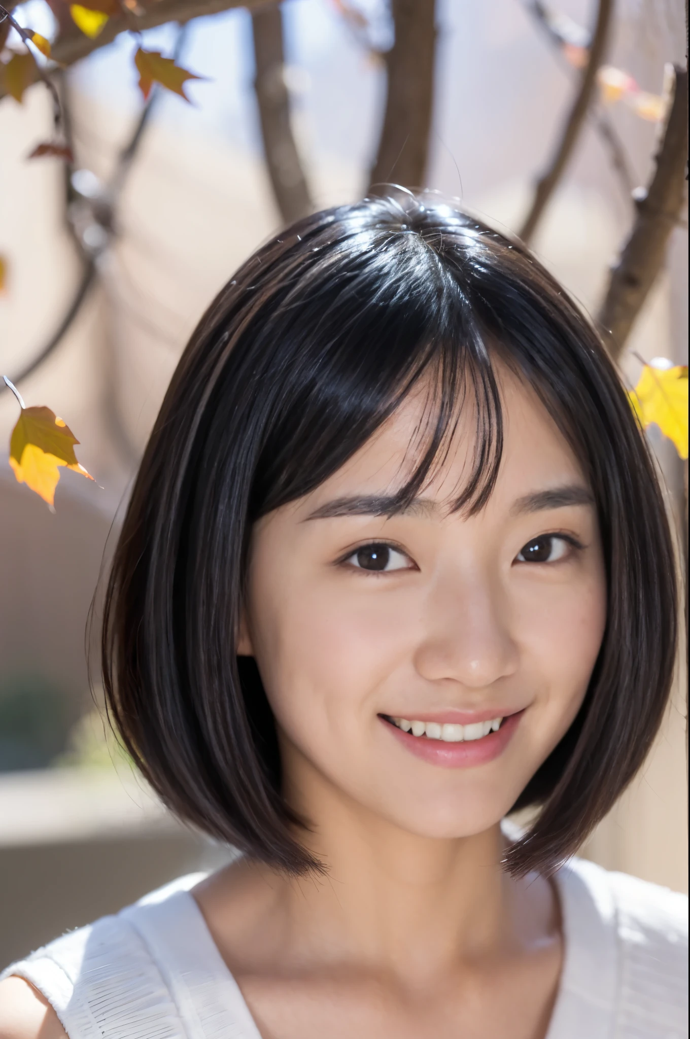 ((Only the upper body is shown 、 face close-up 、Focus on the eyes、 no makeup、 the ears are sticking out of a gap in the hair,,,,,,,))、( realistic 、 Photorealistic、 ultra-detailed、Best detailed skin、 top quality、masterpiece、 Ultra A High Resolution)、 Smiling 、(Beautiful Japanese girl)、 One girl 、Has bangs、 Big Black Eyes 、 Japanese face 、 laughs、Charming、purity、 cute smile、 Please see here 、 realistic な肌のタイプ、 short hair、Lighting from behind、Autumn、autumn leaves
