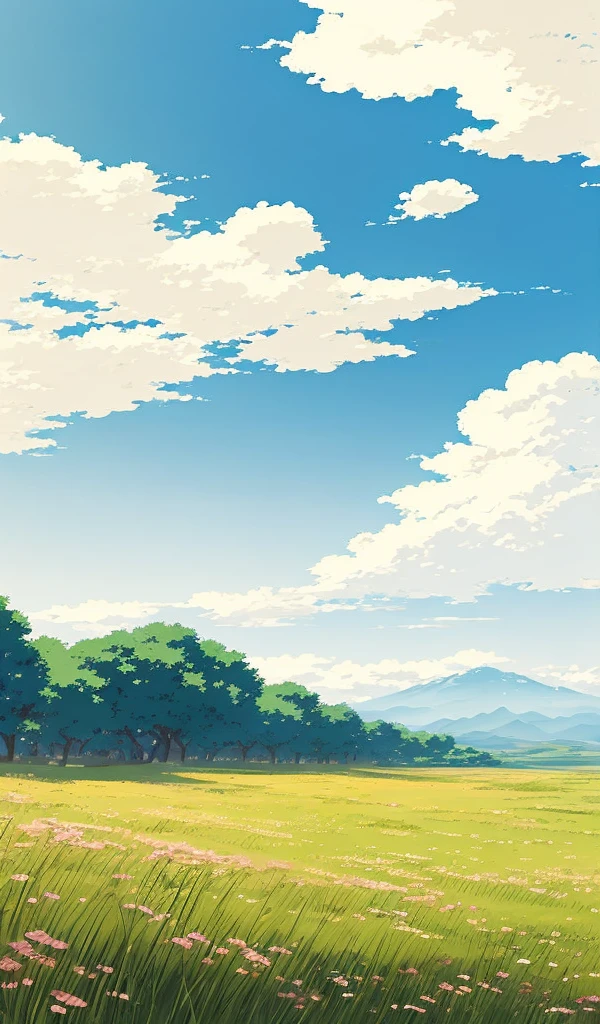 masterpiece,  anime style,  high definition , 自然のwind景, 自然のwind景画, Beautiful sky, Wide sky, grassland, wind, 