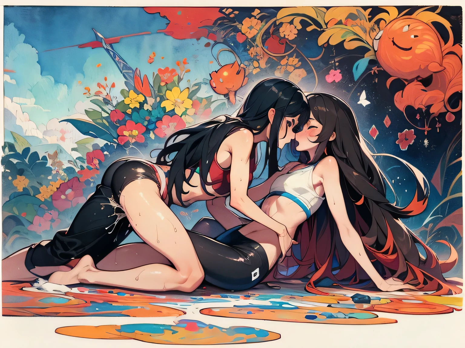 young girl, short red hair, Fox ears, blue eyes, Naked; Adult woman, Long black hair, Fox ears, blue eyes, Naked; hugging, Masterpiece, hiquality
