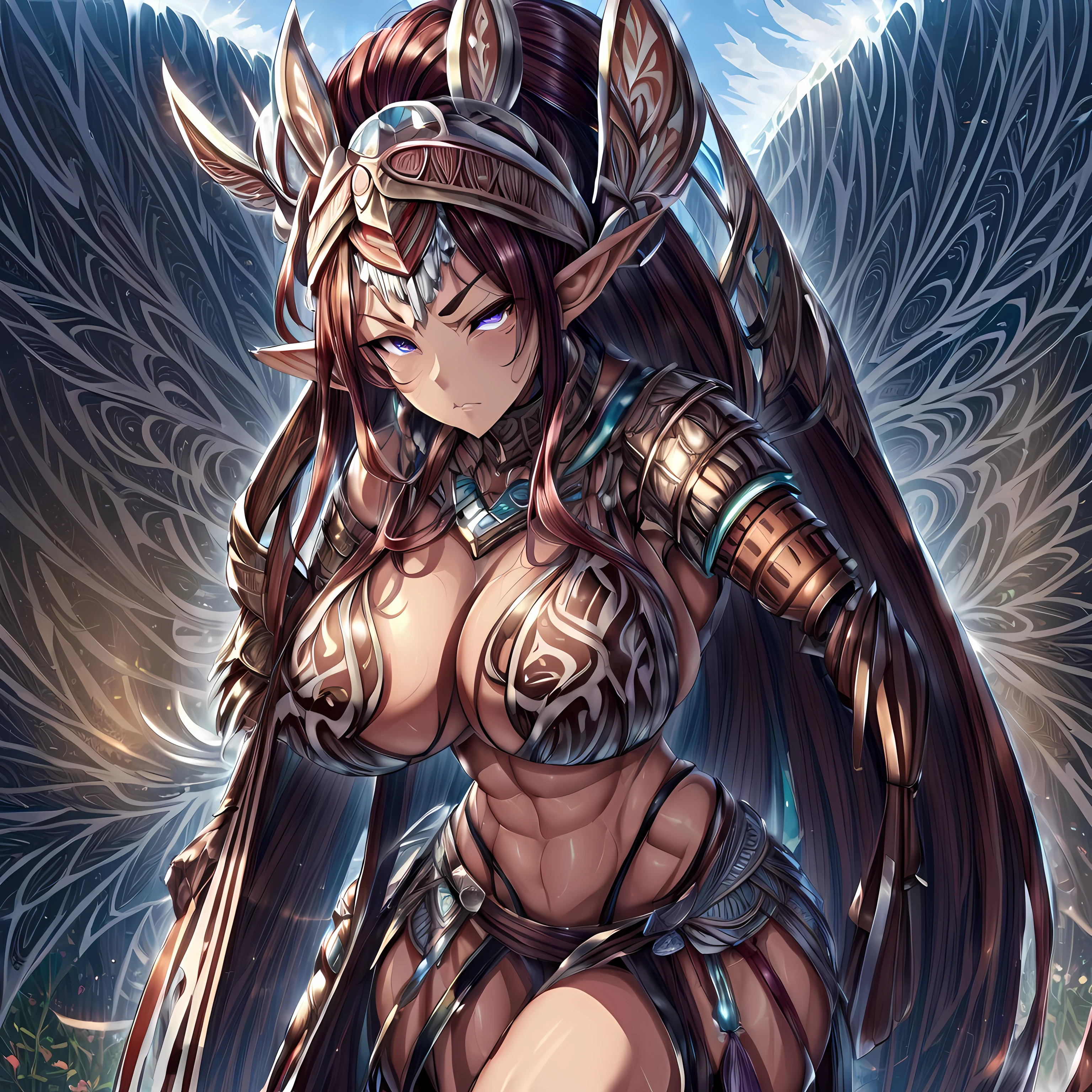 Anime, high detailed, 1 woman, mature woman, fairy woman, elf ears, extremely long alburn hair, tanned skin, curvy body, big Breasts, tribal armor, tribal warrior armor, ornamented headband, skirt, narrowed eyes, serious, butterfly's wings,