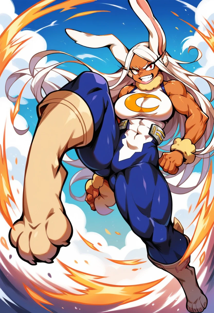 Female, furry, A fit and curvy female furry anthropomorphic Lopunny in a powerful, dynamic roundhouse kick pose, inspired by Mirko's hero costume from My Hero Academia. Her left leg is captured in a speedlines blurred motion to convey the speed and arc of a roundhouse kick, while her body is shown in a medium shot, with both legs and the body fully visible in the composition. The low-angle perspective emphasizes her athleticism and strength, highlighting her toned physique. Her long, flowing bunny ears and snug, hero-like outfit are in motion, adding dramatic flair, The art style is inspired by Taigerarts, featuring bold outlines, smooth solid shading, flat colors, and minimal details, The anatomy is flawless, with proportional limbs, strong legs, and dynamic physics applied to the ears and chest to enhance the sense of movement. Her confident pose exudes power and elegance, centered in a front-facing, action-packed scene, full body pose view