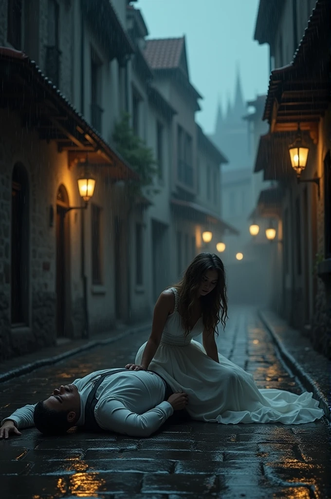 "It's night time with darkness surrounding a quiet street. A woman stands on the balcony of a house, her hands raised as if she is calling out to a young man who is standing on the road below. The young man looks up at her, his expression filled with longing. Street lamps cast a soft, cozy light that gently illuminates the scene. The atmosphere is calm yet emotional, with a sense of yearning between the two. The background is dark, and the overall color palette consists of muted tones that emphasize the night and the intimate connection between the characters."