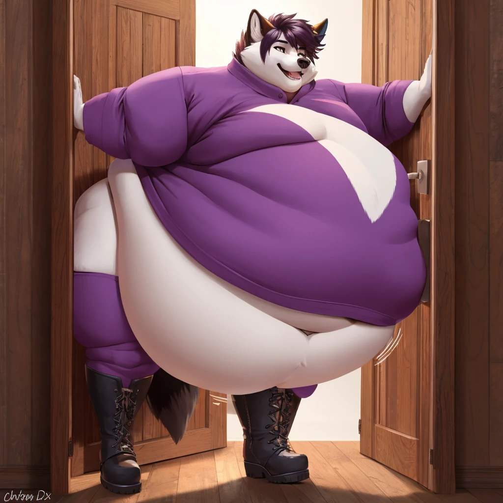 Extremely Obese Fox with Extremely Massive Overhang white Belly, wears boots, The fattest Fox, with its massive belly, was hopelessly stuck, tightly wedged while trying to squeeze through the narrow dog door. 