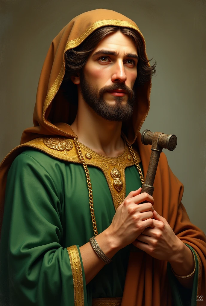Realistic image of St. John the Baptist, raised right arm, medieval clothes made of camel hair, with a leather belt, short brown hair and beard and mustache --auto --s2