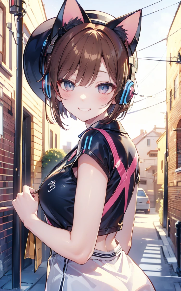 Mikunakano, Miku Nakano, Long Hair, bangs, blue eyes, Brown Hair, shirt, Hair between the eyes, cardigan, Headphones around neck,happy smile, smile, Open your mouth,Cold shoulder tops,Short sleeve,Shorts,High-top sneakers,Applejack Hat,Walking,whole bodyがイラストに入るように,Ferris wheel, roller coaster, carousel, balloon, playground, Seaside, green, amusement park
break indoors, amusement park,
break looking at viewer, whole body,(Cowboy Shot:1. 5)
break (masterpiece:1.2), highest quality, High resolution, unity 8k wallpaper, (figure:0.8), (Beautiful fine details:1.6), Highly detailed face, Perfect lighting, Highly detailed CG, (Perfect hands, Perfect Anatomy),