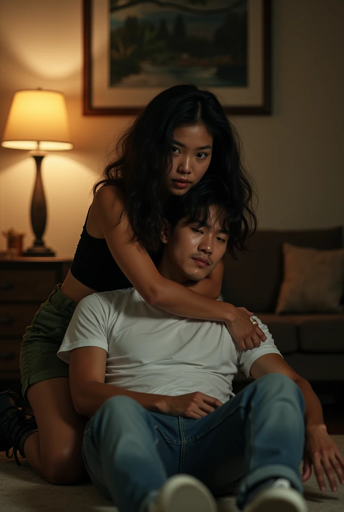 An Indonesian woman is wearing black short sleeved crop top, green low waisted short cargo pants, and black boots. A Korean man is wearing white t shirt, jeans, and grey sneakers. The woman is carrying the man in her arms under the lamp. The man is in supine position with head in the right side and legs in the left side. The woman is taking position behind the man. The woman's right arm is picking up the man's neck, the woman's left arm is picking up the man's thighs. A front view realistic photography, with a  living room in the night time as its background.