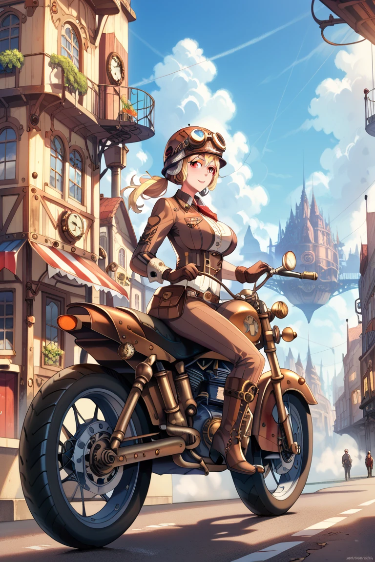 steampunk,  1 girl in Work clothes, red eyes, Blonde, Big Breasts, Work clothes, helmet, goggles, Safety boots, motorcycle, Steam engine, girl riding a motorcycle, Steampunk city background, sky world, cloud, (masterpiece), anatomically correct, high details, high quality,