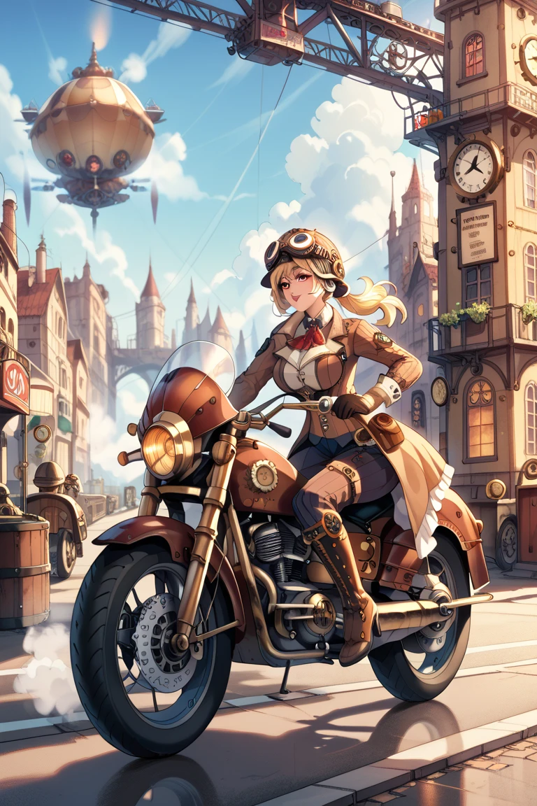 steampunk,  1 girl in Work clothes, red eyes, Blonde, Big Breasts, Work clothes, helmet, goggles, Safety boots, motorcycle, Steam engine, girl riding a motorcycle, Steampunk city background, sky world, cloud, (masterpiece), anatomically correct, high details, high quality,