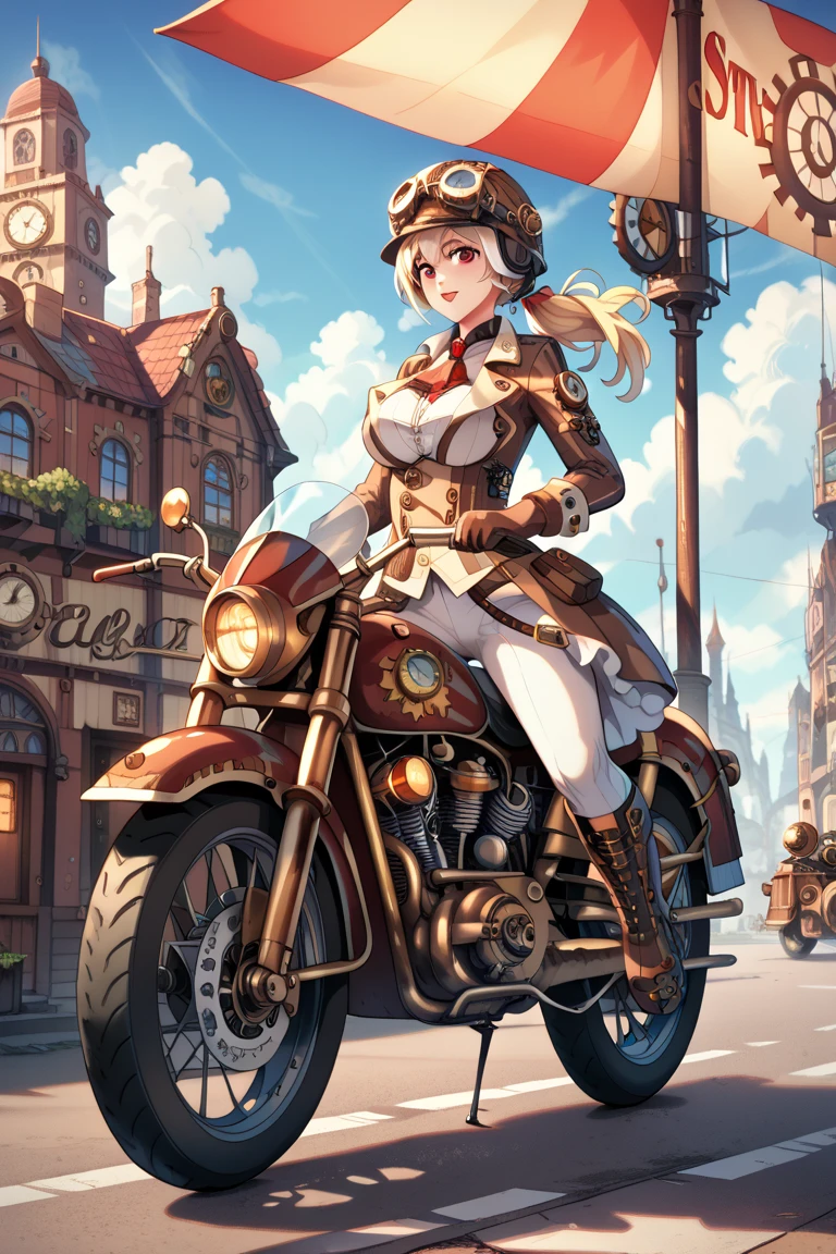 steampunk,  1 girl in Work clothes, red eyes, Blonde, Big Breasts, Work clothes, helmet, goggles, Safety boots, motorcycle, Steam engine, girl riding a motorcycle, Steampunk city background, sky world, cloud, (masterpiece), anatomically correct, high details, high quality,