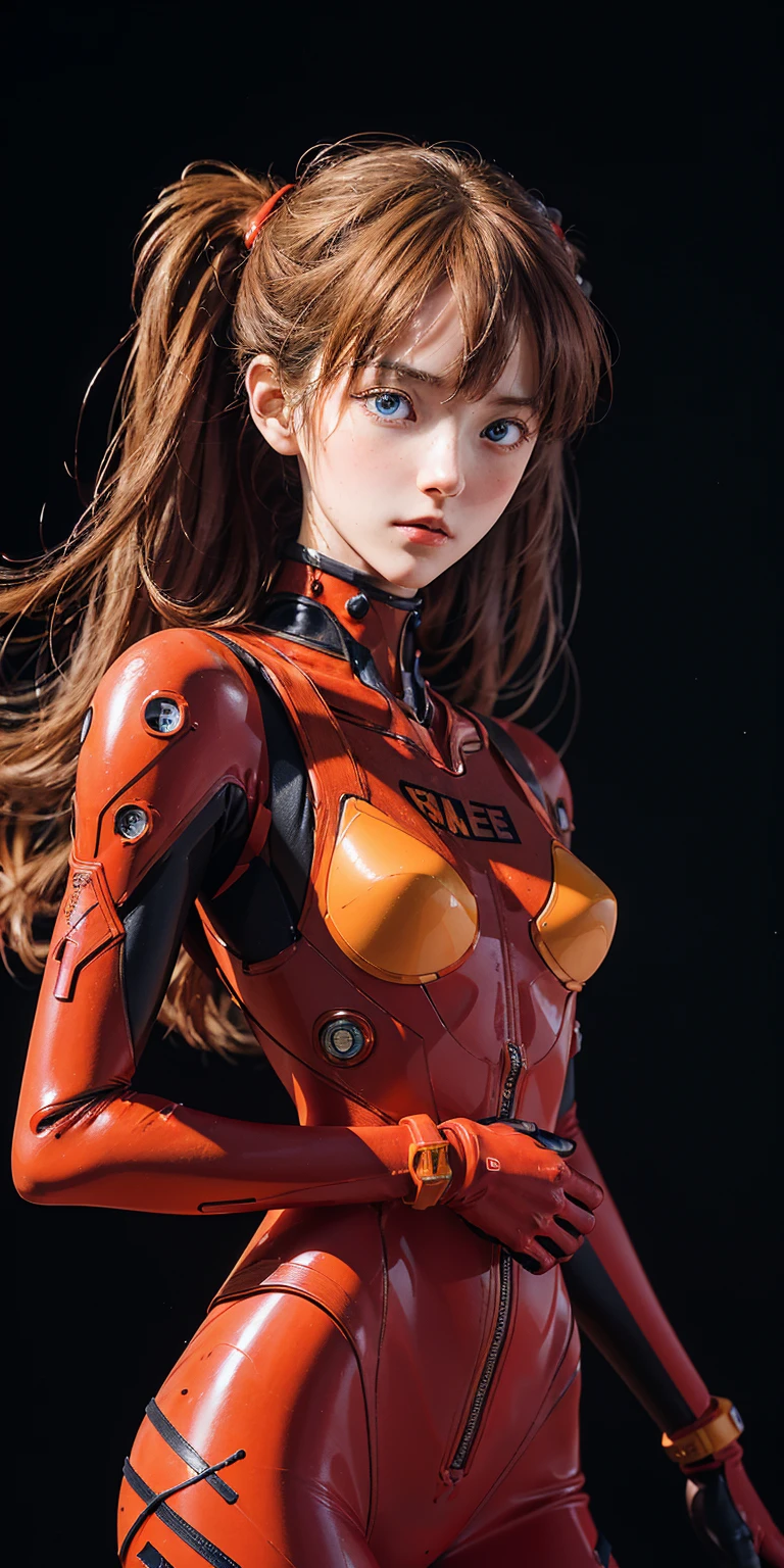 diy9，full body，A lifesize statue of Asuka Langley Shikinami from "Neon Genesis Evangelion" characterized by intricate detail and realistic features, including chignon mahogany hair, a plug suit, a face with a very detailed blush, suspended on a black background, a testament to the craftsmanship of the statue maker, German-American mixed heritage, EVA pilot with attitude, blonde hair, blue eyes, athletic, confident, intelligent, driven, competitive spirit, strong pride, fluency in English, German, Japanese, raised in America, daughter of a German mother and an American father, proud of her EVA piloting skills, fights against Angels with determination, hides emotional vulnerability beneath a tough exterior, dreams and fears, relationship with Shinji Ikari, role in the Evangelion project, intense battles with Angels, feelings about NERV and its goals, impact of parent's divorce, hopes for future, masterpiece, photorealistic, best lighting, depth of field, detailed character.
