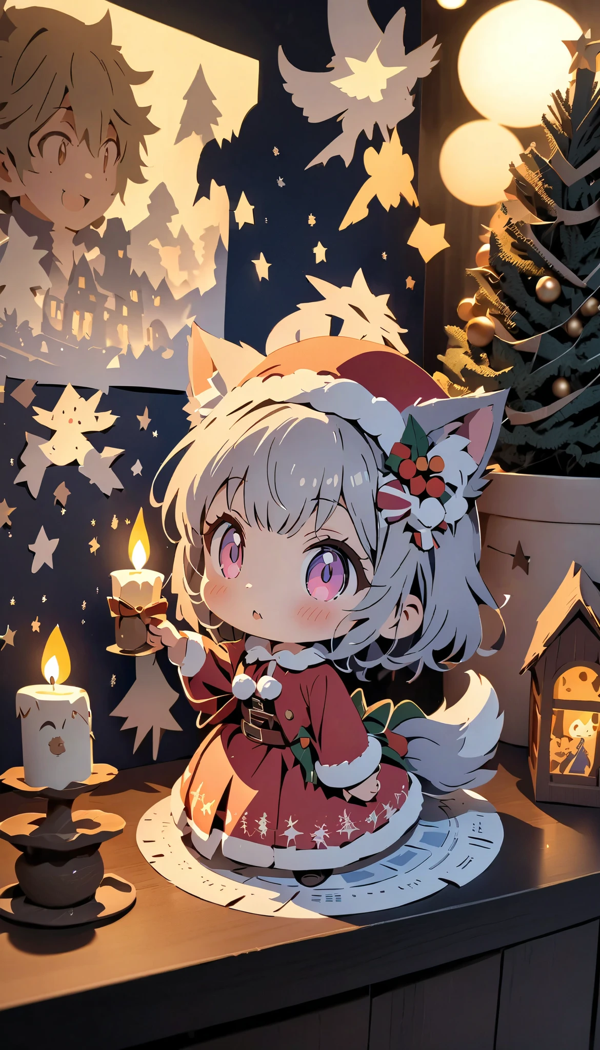 (masterpiece:1.2), ( top quality:1.2),  super high resolution,  very detailed,  perfect lighting , Werewolf girl holding a candle , Grey Hair,  Santa Claus costume, プレゼントが乗ったそりとcuteトナカイ,  Christmas tree, cute,  pastel colors,  Paper Cut Art , flat paper cutouts , Paper Art,  digital art ,  anime style illustration  , anime illustration,  illuminated background, Blur, Paper cutting,  Christmas bright and pleasant macro photo 