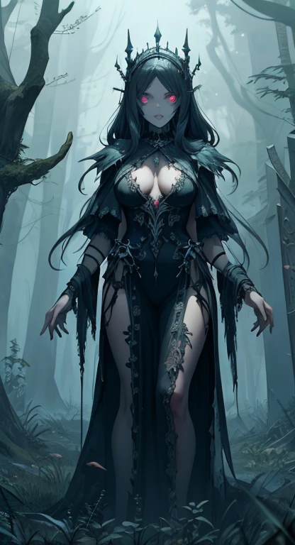 (photorealism, best quality, high details, high-resolution:1.2, masterpiece, 4K), (dark fantasy illustration:1.3), portrait of beautiful female necromancer casting spell in dark desolated cave, green energy magic, ((surrounded by black fog coming form all directions)), woman with simple black hair, hair without ornaments, black colored robes, beautiful face, hourglass body, green eyes, ((greenglowing eyes)), elegant, intricate , hourglass figure, (finely detailed beautiful eyes: 1.2), ((huge breasts)), perfect body, looking at viewer, enchanting gaze, 1gril, full body portrait, cinematic lighting, darkness, dark scene, ((dim light)), mute lighting, super detailed, ultrarealistic, digital photography,