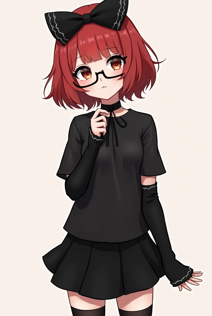 A 17 year old girl, she has short red hair, and she has a face that seems shy, and black glasses that have half a frame. 