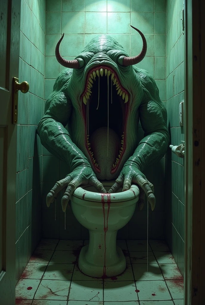 (Realistic, intricate details:1.37): A fearsome demon with large, curved horns and terrifyingly long nails, lurking in a dark, abandoned bathroom. The bathroom is grimy and disheveled, with dirty tiles and moldy corners. The demon’s face is adorned with a twisted smile and glowing eyes. (Digital painting, concept art, sharp focus).